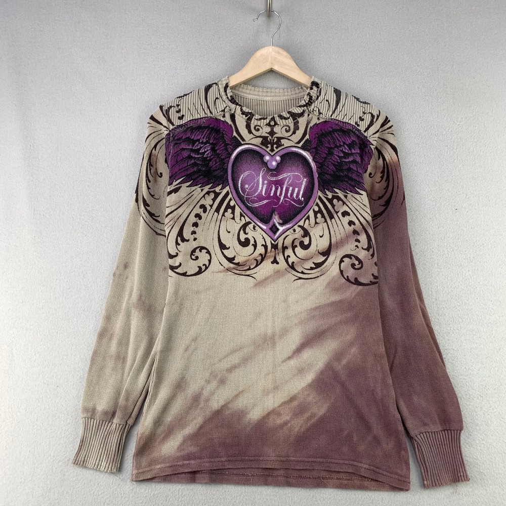 Y2K Sinful Winged Heart Thermal Shirt Women M Purple Grunge Waffle Knit USA